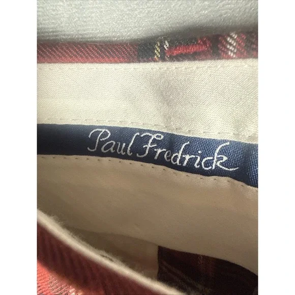 Paul Fredrick Vintage Red Tartan Plaid Wool Pants 40x30 Pleated Cuffed 80s - Picture 6 of 10